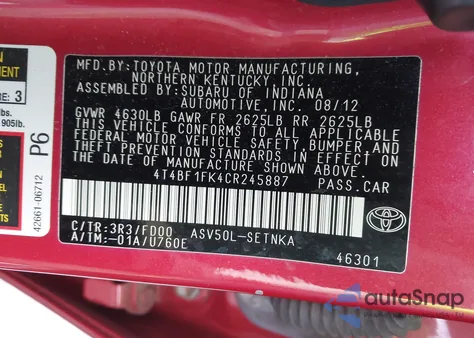 2012 Toyota Camry Le из США, поврежденный, VIN 4T4BF1FK4CR245887